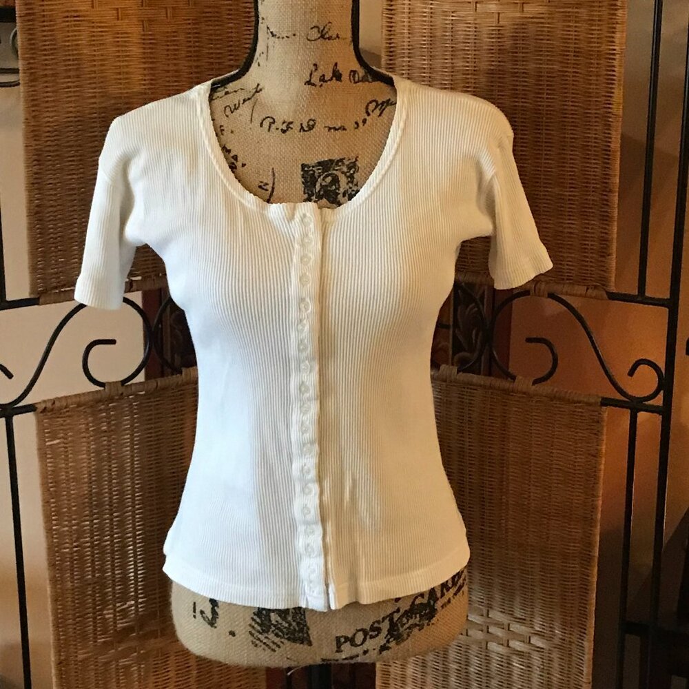White Short Sleeve Ribbed Button Down
